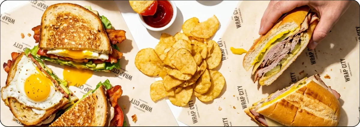 A Wrap City box lunch with a grilled sandwich, chips and a cookie