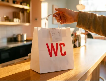 A hand passing a Wrap City takeout bag across the counter