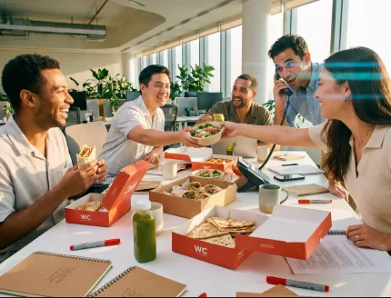 Coworkers sharing Wrap City boxes at a meeting