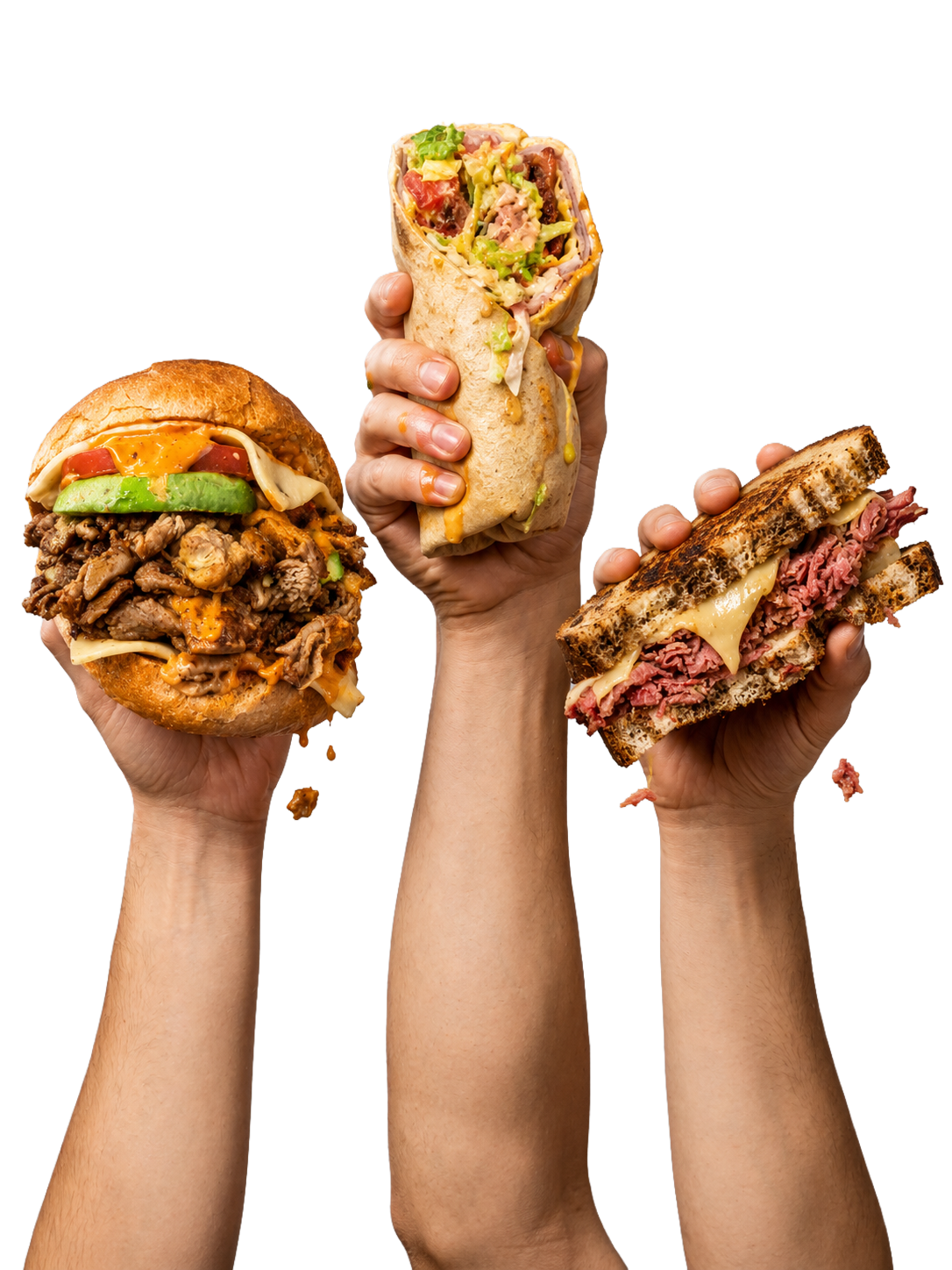 Hands raised holding Wrap City sandwiches and wraps